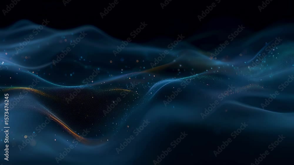 Poster a layered composition features luminous waves of color that undulate against a dark blue backdrop in