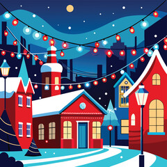 Fototapeta premium Christmas greeting card with winter town houses, snow, and trees, a festive vector illustration for the holiday season