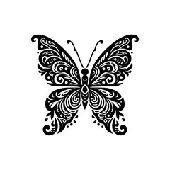 A detailed, black and white illustration of a butterfly with intricate, ornate patterns.