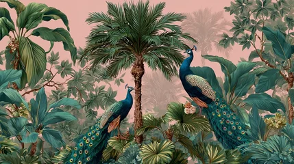 Acrylglasbilder Dschungel Tropical Paradise: Peacocks amid Lush Foliage and Palms with a Pink Sky  © Hafiz
