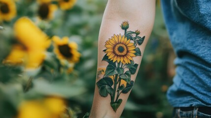 Photo of a realistic sunflower tattoo adorns a persons arm amidst a blurred garden