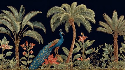 Exotic wildlife art featuring a majestic peacock in lush tropical landscape