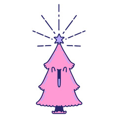 illustration of a traditional tattoo style christmas tree with star in bright neon color