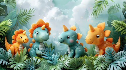 Cute cartoon dinosaurs among lush greenery, blue & orange colors, against a cloudy sky backdrop