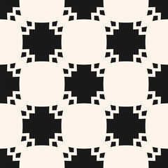 Simple vector geometric ornament. Abstract seamless pattern with checkered surface, squares, geometrical flower silhouettes. Stylish black and white background. Repeated endless monochrome design
