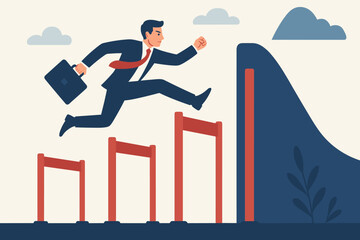 Business challenge concept. Ambitious businessman with briefcase jumping over hurdles. Overcome difficulty, obstacle to achieve success. Effort, skill, aspiration to solve problem.