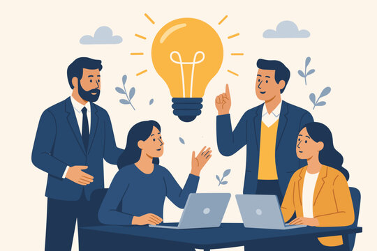 Business team brainstorming idea. Teamwork collaboration in office meeting for creative solution. People group discussion with lightbulb for innovation, strategy and success.