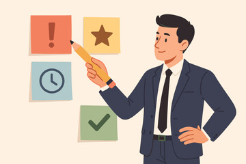 Project management task prioritization. Businessman categorizing work, sorting important or urgent tasks. Organize and plan for business success. Productivity and efficiency.