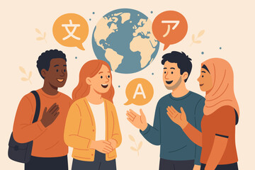 Global Language Exchange Meeting Diverse People Communicating Multilingual Conversation Concept, International Dialogue, Cultural Diversity, Language Learning, World Communication