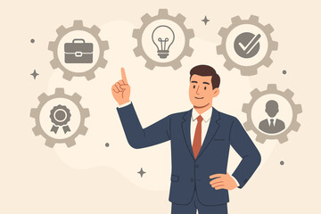 Businessman with gears concept of competence, skills, and ability. Professional work experience, capability, and qualification for job or career development. HR success concept.