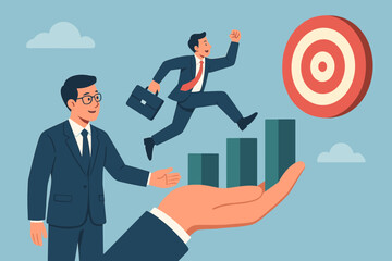 Business support and mentorship to assist employee success. A helping hand and encouragement for a teammate to achieve the business goal. Businessman climbing a career ladder.