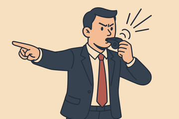 Business whistleblower concept. Man in a suit blows the whistle, pointing out corporate misconduct and corruption. Revealing secret information, fraud, and illegal activity. Alert.