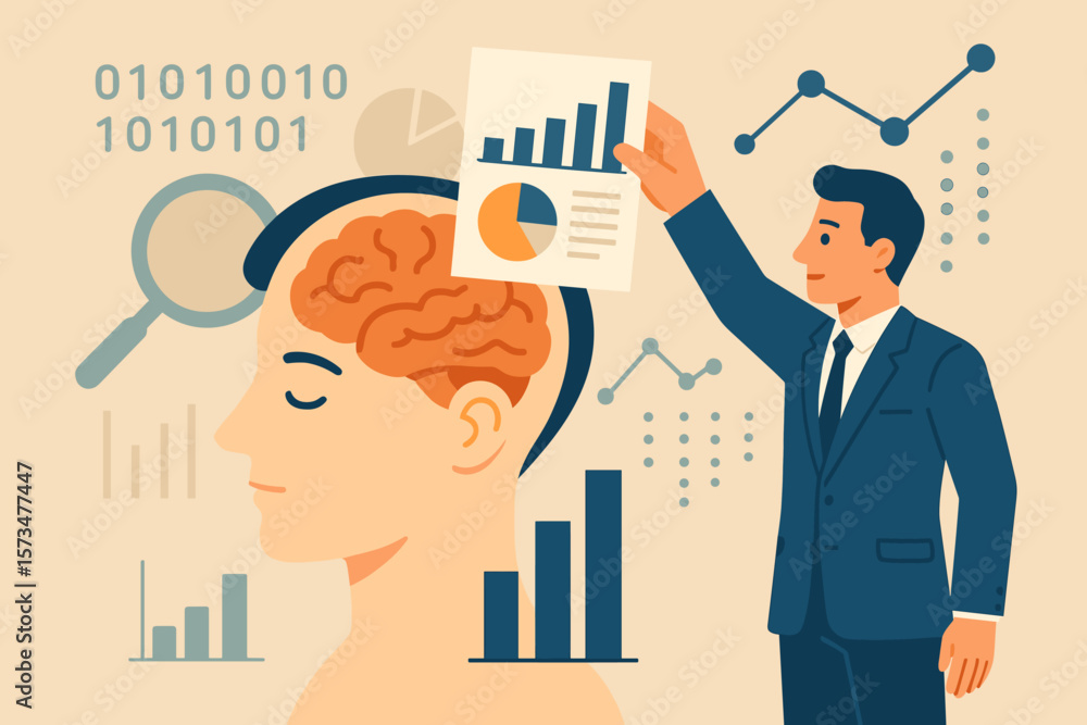 Poster data scientist analyzing business report. big data analysis and research concept. businessman with c