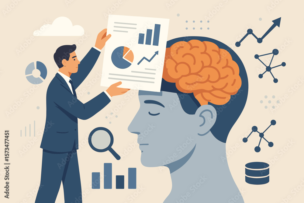 Poster data scientist analyzing report. business intelligence and big data analysis concept. man putting ch
