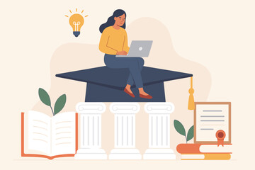 Online education, e-learning concept. Woman student studying with laptop. University graduation, college degree. Academic scholarship, knowledge, curriculum. Getting a certificate.