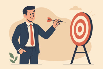 Businessman achieve goal. Business target. Confident skill to success. Challenge for marketing strategy. Aiming at goal. Perfection objective concept. Man with dart vector.