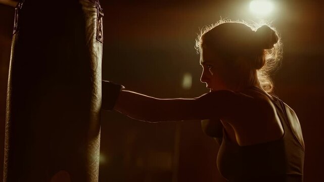 In the dimly lit atmosphere of a boxing gym a graceful silhouette of an athletic woman practices powerful punches on a hanging bag. Her stance is strong and focused showcasing her commitment