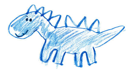 Child-drawn pencil doodle of a friendly dinosaur, simple shaky lines, isolated on white background, playful and cute, rough pencil marks, kid-like art, happy design