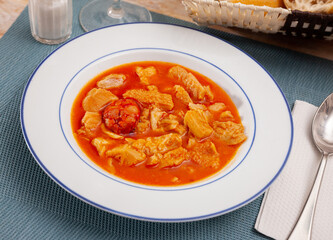Image of soup from tasty boiled beef tripe with chorizo at plate