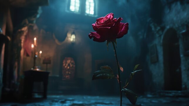 Photo of a single red rose blooms in a dark, atmospheric castle interior with candlelight
