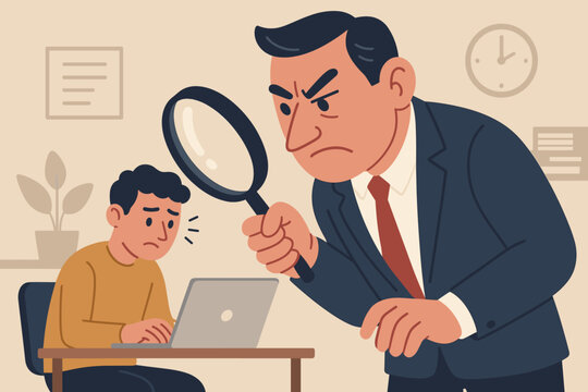 Micromanaging boss supervising employee with magnifying glass, toxic manager monitoring work, excessive control, workplace micromanagement, stressful office environment concept