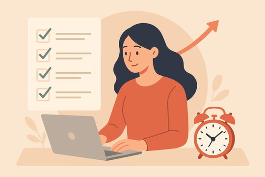 Productivity and time management for business success. Efficient woman with laptop and checklist. Goal achievement and task completion concept. Project planning and progress growth.