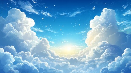 Cloud filled sky, sun peek,  high angle view, serene