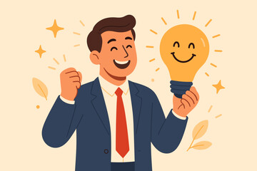 Positive thinking, optimistic mindset, creative problem solving, business success, motivation, happy businessman holding smiling lightbulb, inspiration, workplace achievement
