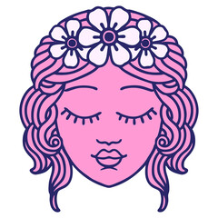 tattoo in traditional style of female face with eyes closed in bright neon color