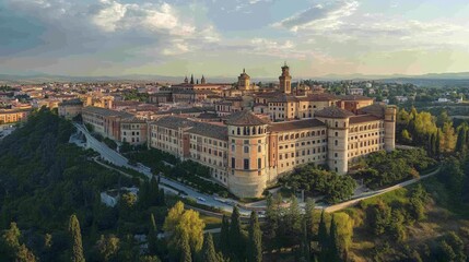 Aerial view of Italian university town, golden hour, historical buildings, rolling hills