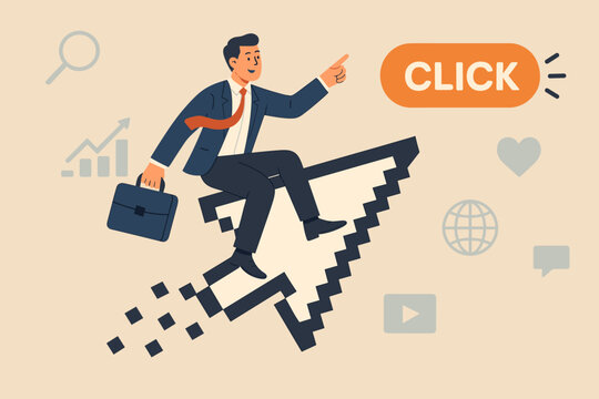 Digital marketing success concept. Businessman riding pixel mouse cursor, pointing at click button. Online advertising, SEO, social media, click through rate, internet marketing strategy