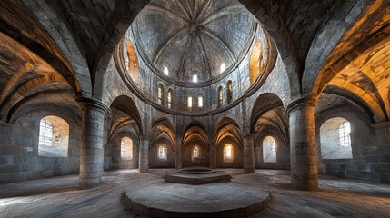 Ancient stone church interior, sunlit dome, empty space
