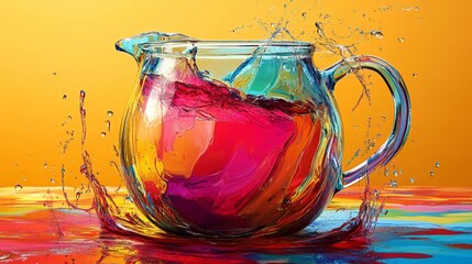 Colorful liquid splashing glass pitcher, vibrant background
