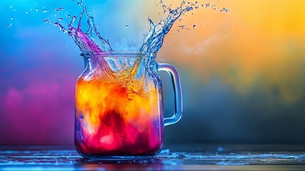 Colorful drink splash in mason jar, vibrant lighting,  background bokeh.  Use Beverage advertisement