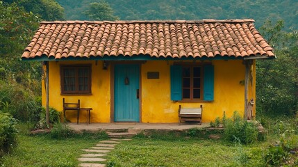 Yellow Cottage on Stone Path in Lush Mountains