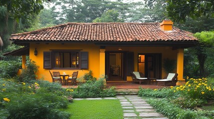 Charming yellow cottage, tropical garden, patio, peaceful morning