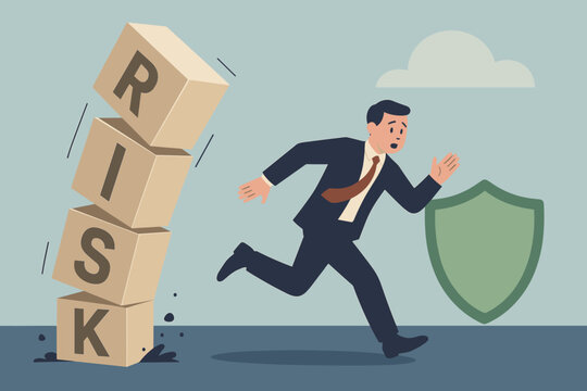 Businessman escaping falling risk blocks, running towards shield symbol. Risk management, protection, insurance, financial safety, crisis prevention, business security concept