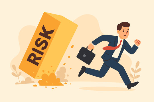 Risk aversion in business investment. Businessman running away from falling risk block. Avoid danger, minimize uncertainty, prefer safety, security, stability, financial decision concept.