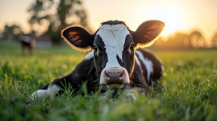 Cows resting in pasture at sunset