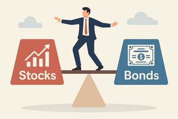 Businessman balancing stocks and bonds investment choices, asset allocation, risk assessment, portfolio diversification, long term returns, mutual funds, pension planning concept