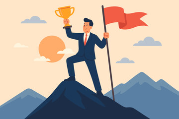 Success leadership to achieve goal. Motivation and aspiration to reach target. Winner challenge and growth journey concept. Successful businessman holding trophy and flag on mountain.
