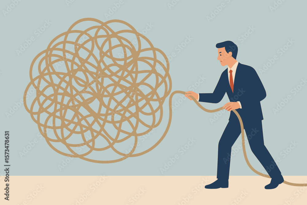 Poster businessman unraveling a tangled rope. concept for problem solving, finding a solution for a complex