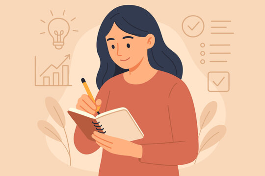 Young woman writing in notebook. Taking notes for study and work. Efficiency, planning, productivity concept. Journaling for personal growth, summary, new ideas, and goals.