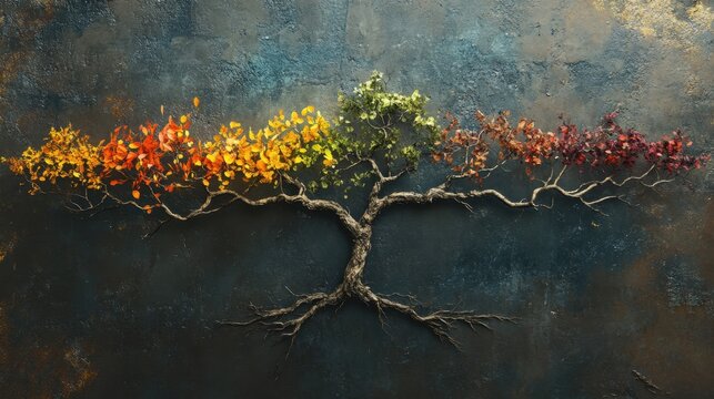 Photo of a stylized tree displays the vibrant colors of all four seasons, symbolizing the cycle of life and change