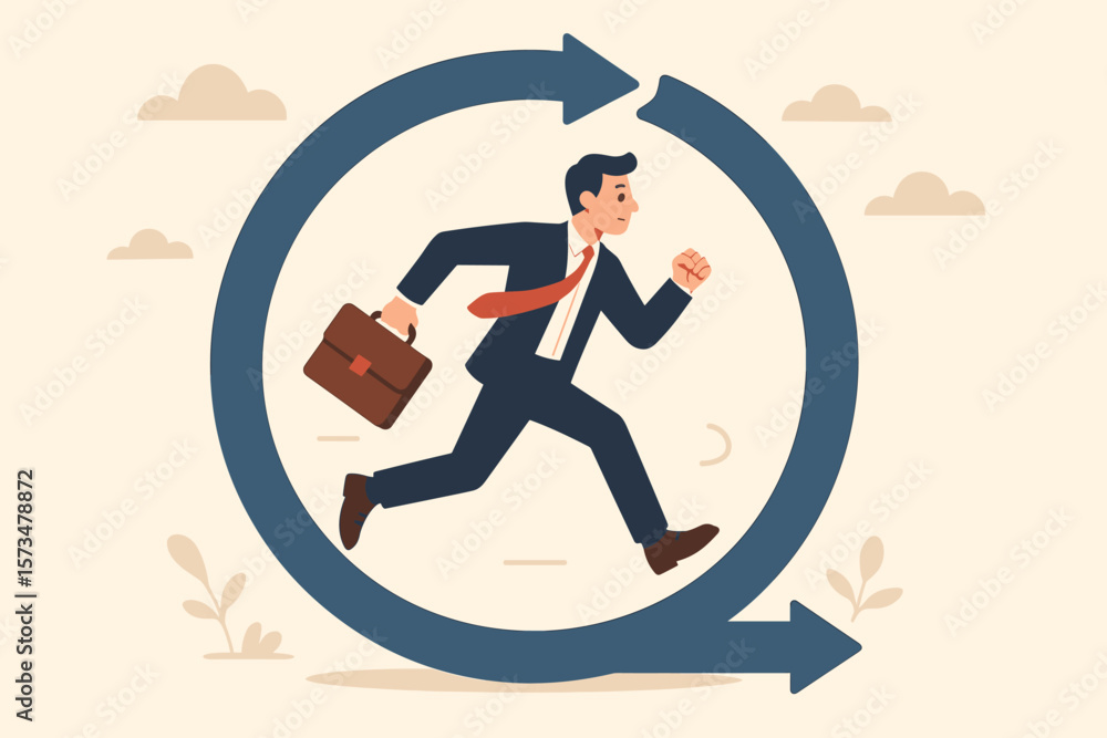Poster businessman running in circle arrow symbolizing daily routine, work habit, life cycle, agile develop