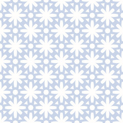 Vector seamless pattern in ethnic folk style. Simple floral geometric ornament. Light blue and white background texture with grid, lattice, flower silhouettes. Repeating design for decor, wallpapers