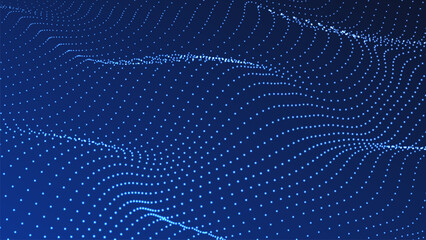 Wave of flowing particles on a dark background. Abstract backdrop with dynamic elements of waves and dots. Vector