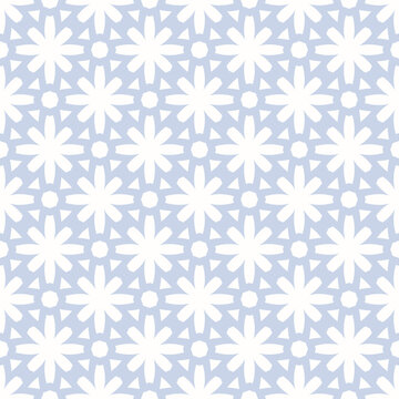 Fototapeta Vector seamless pattern in ethnic folk style. Simple floral geometric ornament. Light blue and white background texture with grid, lattice, flower silhouettes. Repeating design for decor, wallpapers