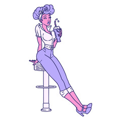 tattoo in traditional style of a pinup girl drinking a milkshake in bright neon color