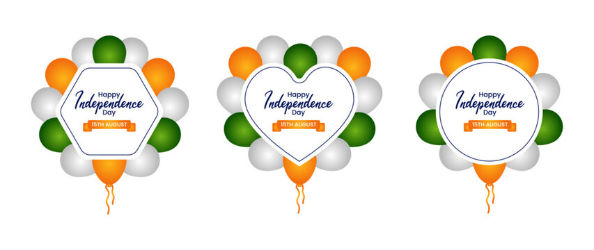 15 August Independence Day Balloon Frame Vector Design
Tricolor Balloons with Text Space, Indian Celebration Template, Heart and Flower Shape Balloon Banners for Republic or Freedom Day
